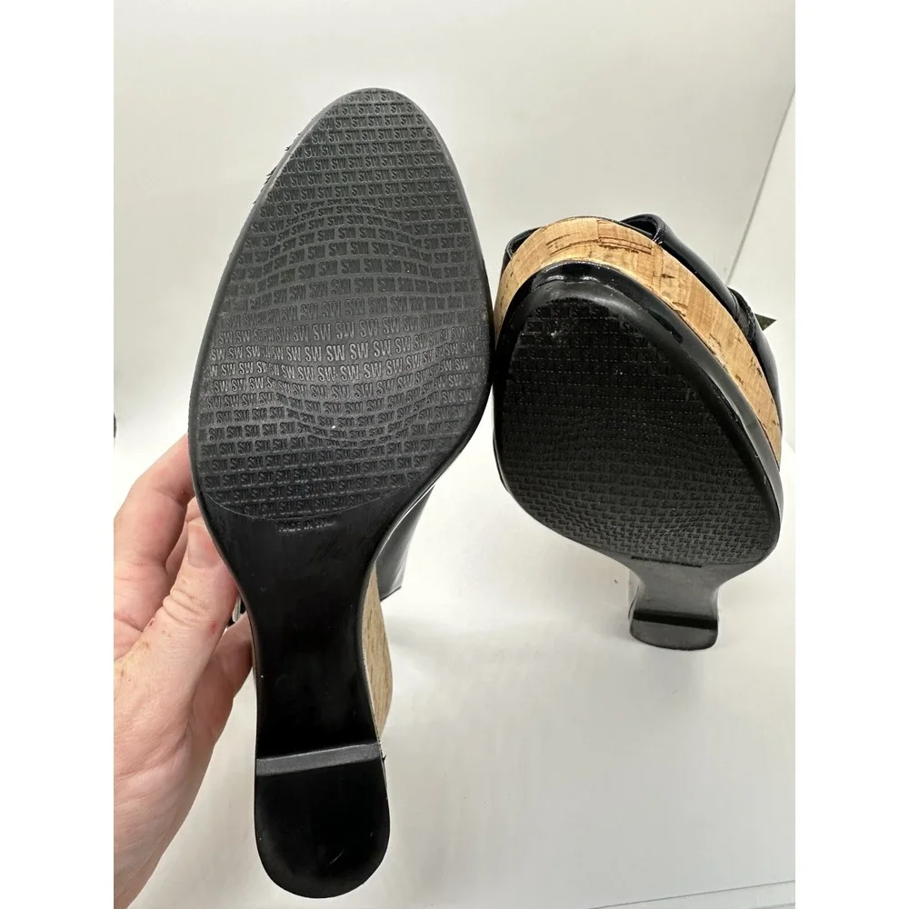 Stuart Weitzman Dolunch Patent Leather Espadrille Wedge Heel Sandals‎ Black 9M